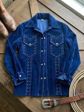 Vintage Blue Velvet like Country Western Stagecoach Ranch Jacket M 70s 80s 90s
